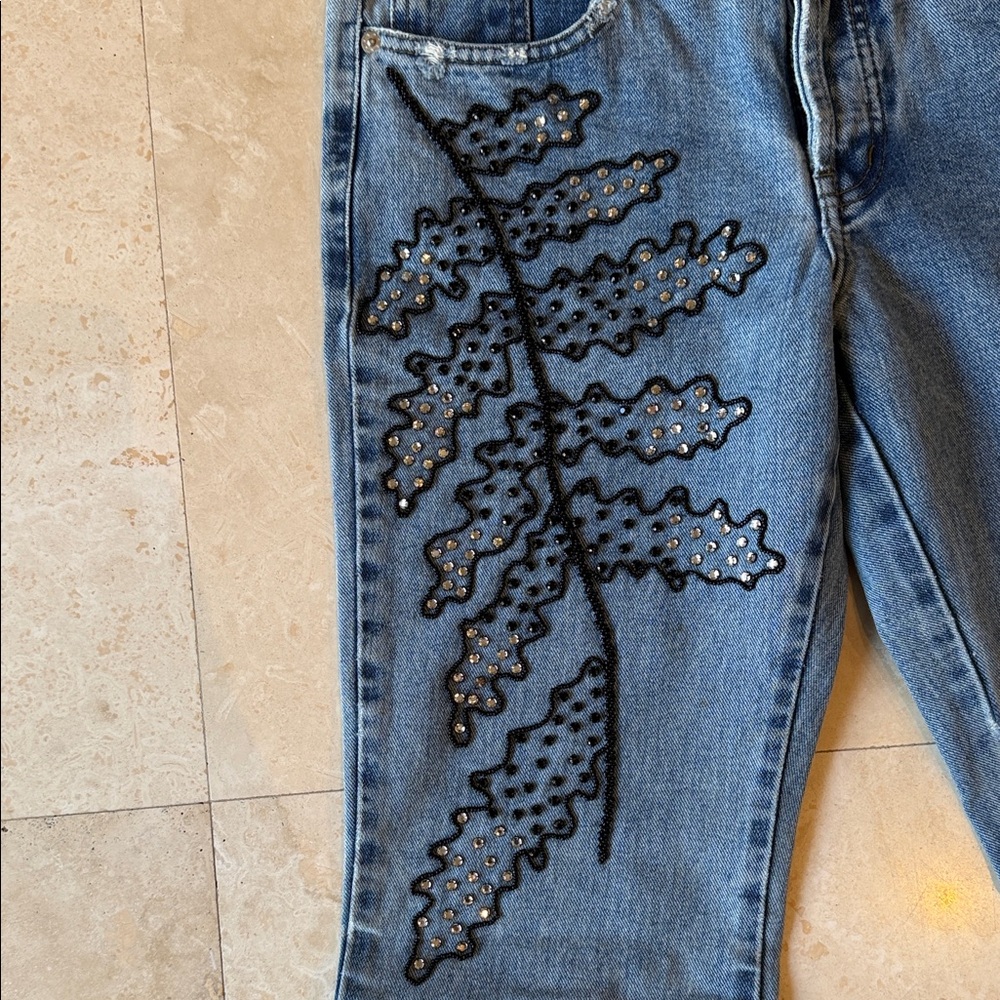 Elegant Blue Women's Flare Jeans with Black Embroidery - Picture 2 of 5